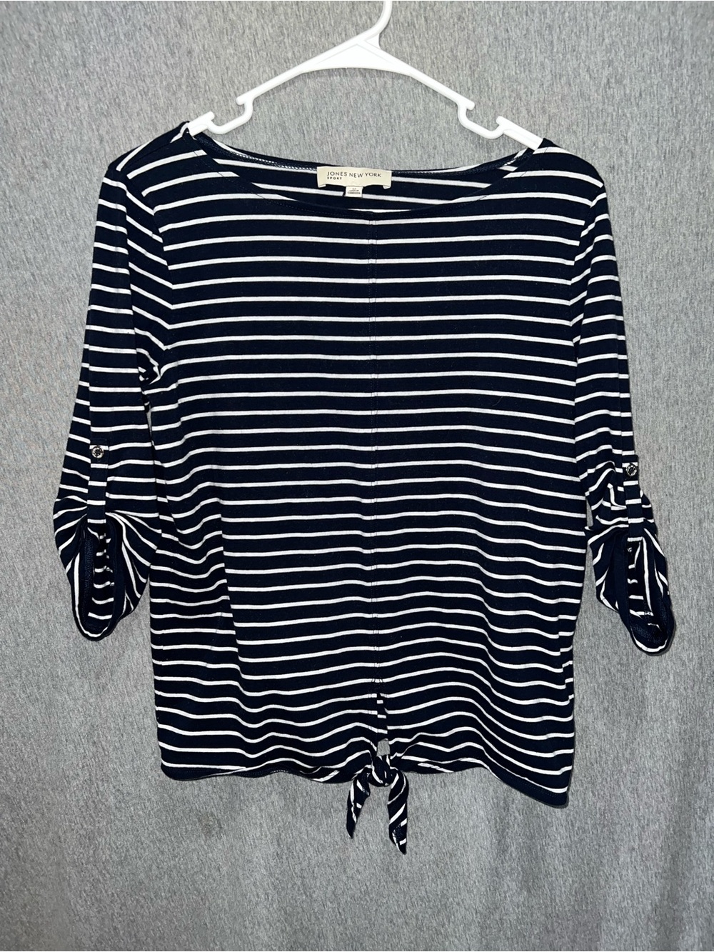 Jones New York Navy & White Striped Tie-Hem Boatneck Top